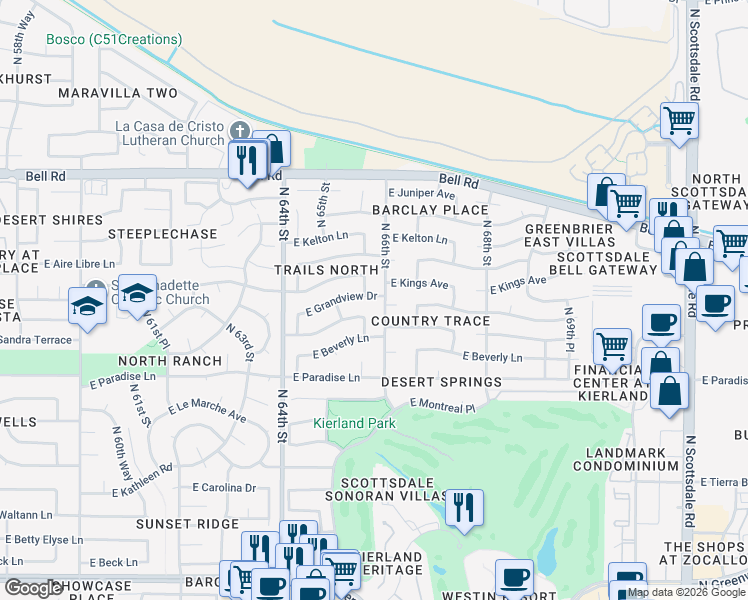 map of restaurants, bars, coffee shops, grocery stores, and more near 6533 East Grandview Drive in Scottsdale