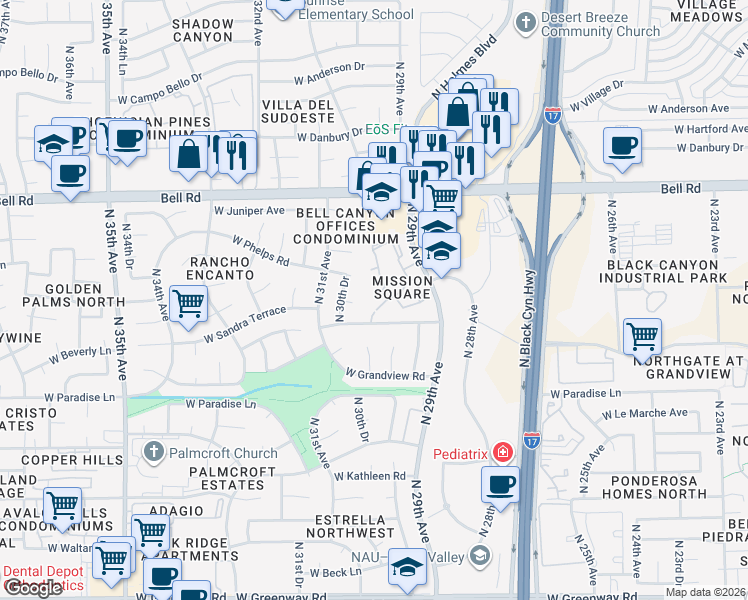 map of restaurants, bars, coffee shops, grocery stores, and more near 3009 West Kelton Lane in Phoenix