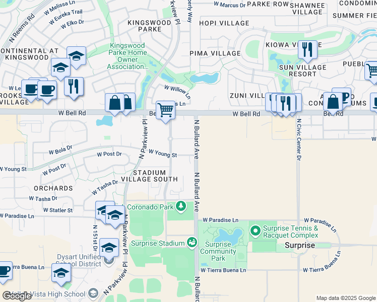 map of restaurants, bars, coffee shops, grocery stores, and more near 16714 North Bullard Avenue in Surprise