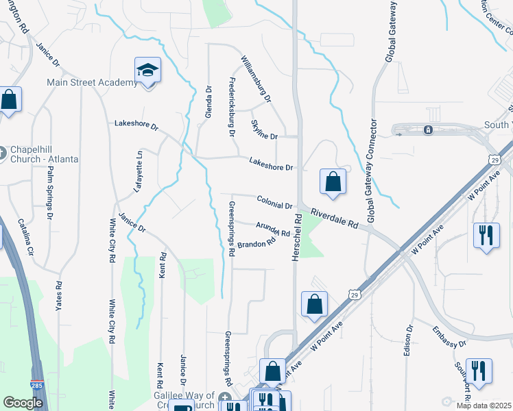 map of restaurants, bars, coffee shops, grocery stores, and more near 2630 Colonial Drive in College Park