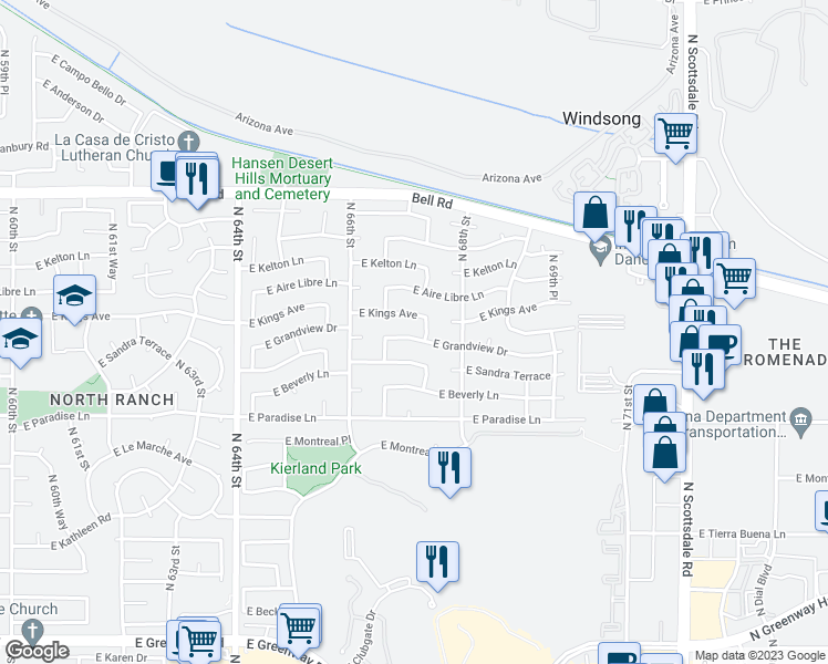 map of restaurants, bars, coffee shops, grocery stores, and more near 6728 East Grandview Drive in Scottsdale