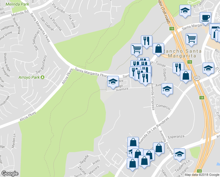 map of restaurants, bars, coffee shops, grocery stores, and more near 16 Abrigo in Rancho Santa Margarita