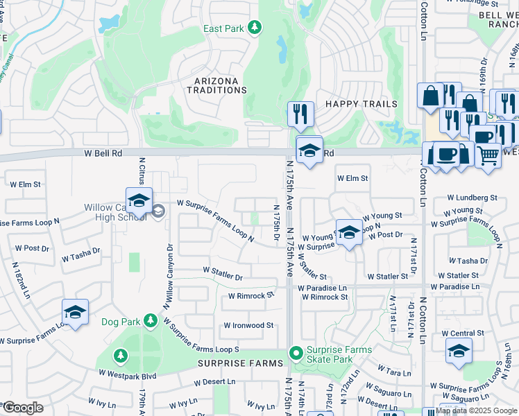 map of restaurants, bars, coffee shops, grocery stores, and more near 17614 West Bridger Street in Surprise