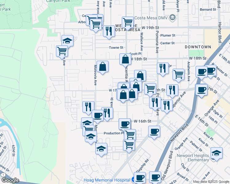 map of restaurants, bars, coffee shops, grocery stores, and more near in Costa Mesa