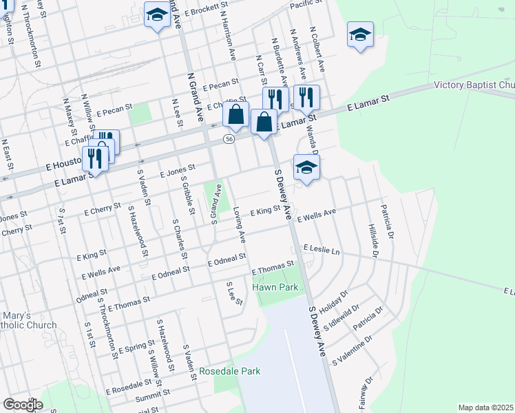 map of restaurants, bars, coffee shops, grocery stores, and more near 1525 East King Street in Sherman