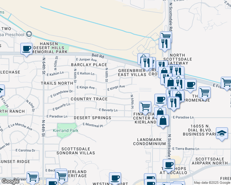 map of restaurants, bars, coffee shops, grocery stores, and more near 16441 North 68th Place in Scottsdale