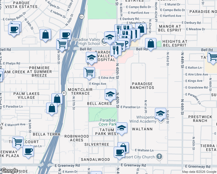 map of restaurants, bars, coffee shops, grocery stores, and more near 16419 North 39th Street in Phoenix