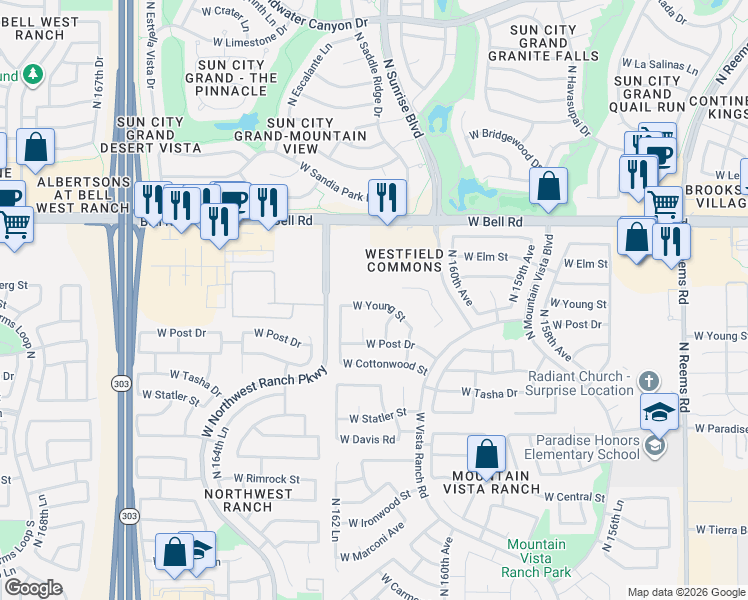 map of restaurants, bars, coffee shops, grocery stores, and more near 16206 West Young Street in Surprise