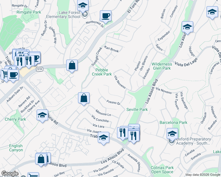 map of restaurants, bars, coffee shops, grocery stores, and more near 26513 Dineral in Mission Viejo