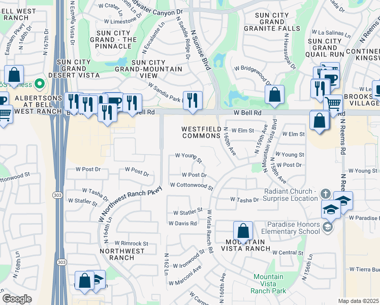 map of restaurants, bars, coffee shops, grocery stores, and more near 16206 West Young Street in Surprise