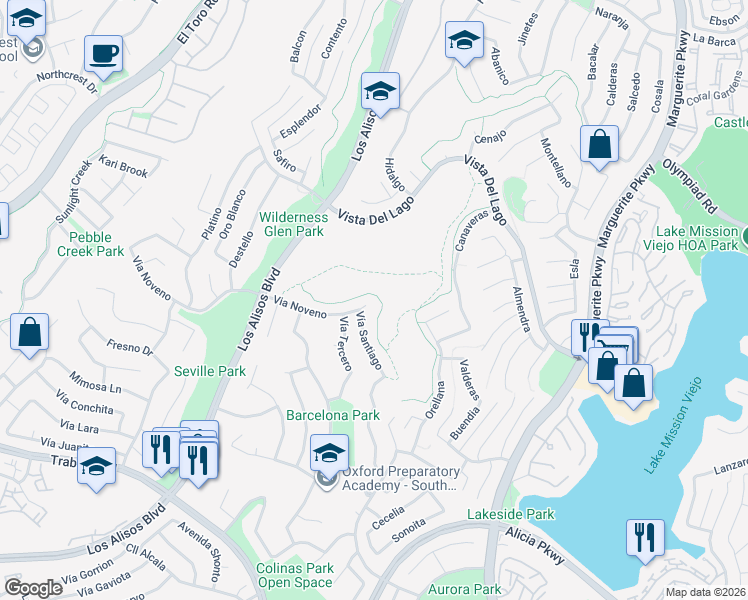 map of restaurants, bars, coffee shops, grocery stores, and more near 27141 Via Noveno in Mission Viejo