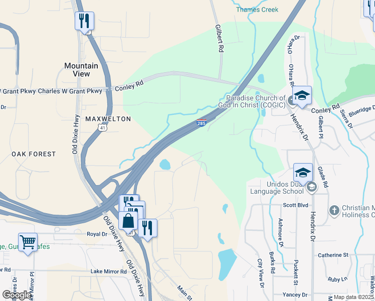 map of restaurants, bars, coffee shops, grocery stores, and more near 2500 Southpoint Drive in Forest Park