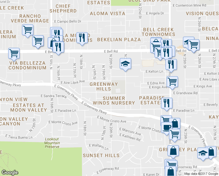 map of restaurants, bars, coffee shops, grocery stores, and more near 1951 East Kings Avenue in Phoenix