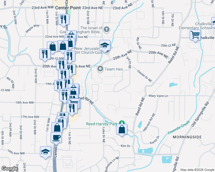 map of restaurants, bars, coffee shops, grocery stores, and more near 309 Melanie Drive Northeast in Center Point