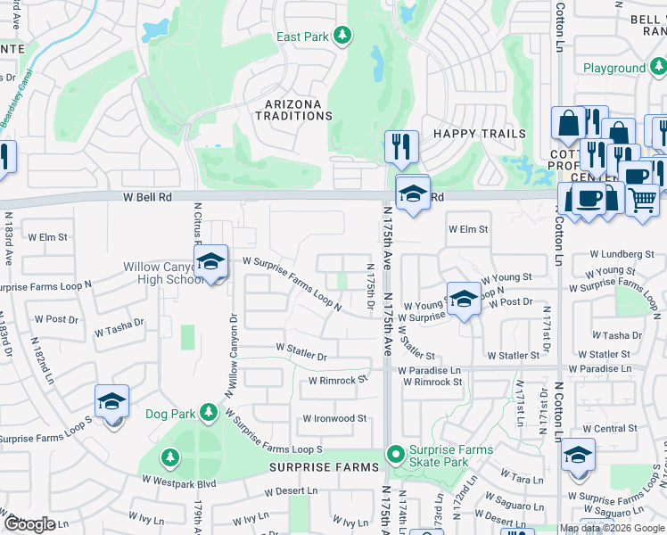 map of restaurants, bars, coffee shops, grocery stores, and more near 17646 West Bridger Street in Surprise
