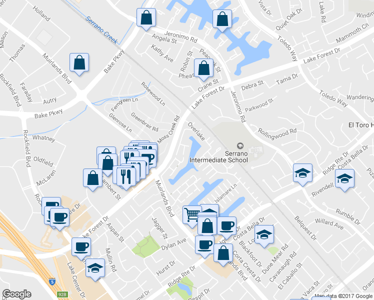 map of restaurants, bars, coffee shops, grocery stores, and more near 22522 Lake Forest Lane in Lake Forest