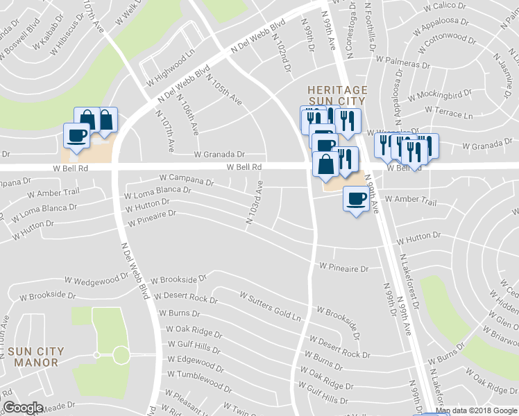 map of restaurants, bars, coffee shops, grocery stores, and more near 16663 North 103rd Avenue in Sun City
