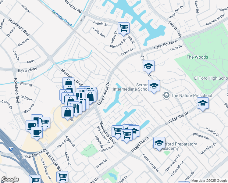 map of restaurants, bars, coffee shops, grocery stores, and more near 22522 Lake Forest Lane in Lake Forest