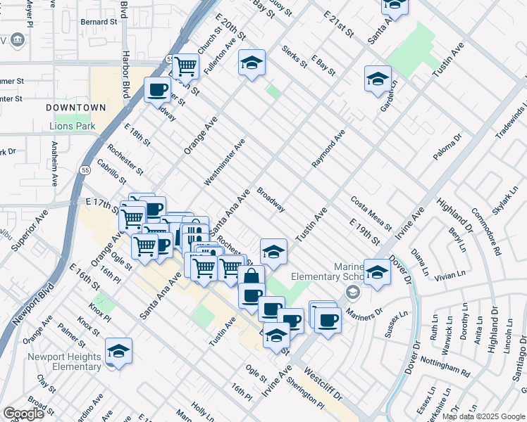 map of restaurants, bars, coffee shops, grocery stores, and more near 332 Magnolia Street in Costa Mesa
