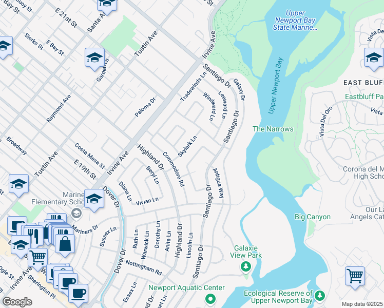 map of restaurants, bars, coffee shops, grocery stores, and more near 1727 Candlestick Lane in Newport Beach