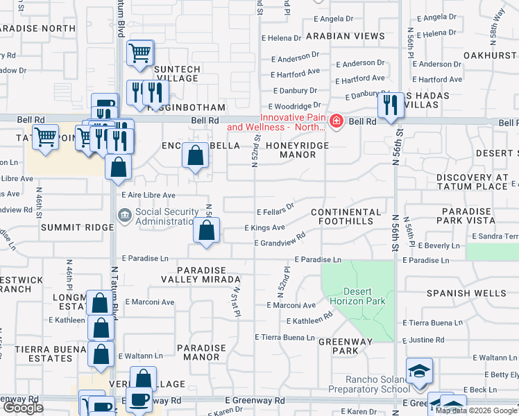 map of restaurants, bars, coffee shops, grocery stores, and more near 5202 East Fellars Drive in Scottsdale