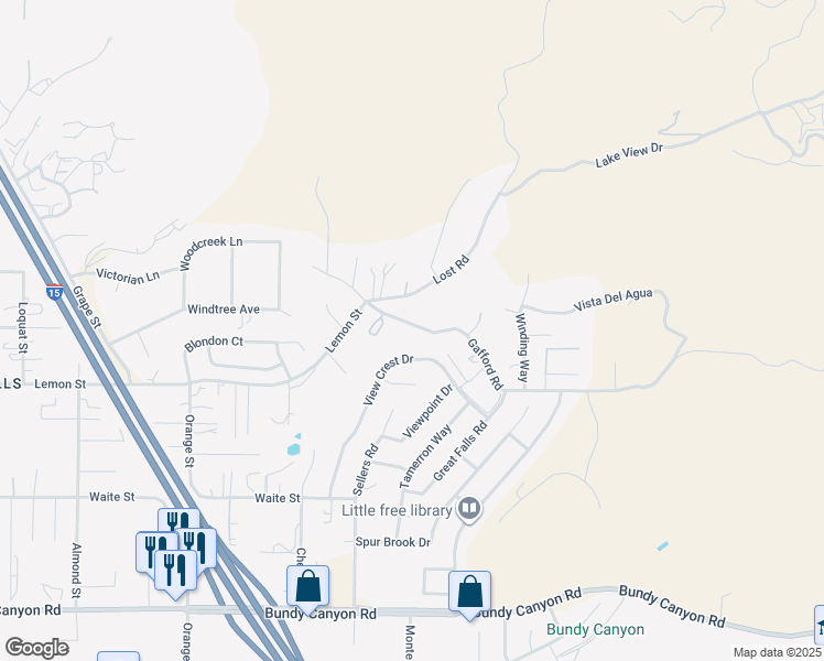 map of restaurants, bars, coffee shops, grocery stores, and more near 33309 Gafford Road in Wildomar