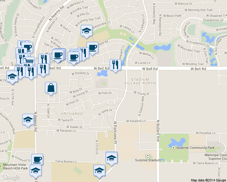 map of restaurants, bars, coffee shops, grocery stores, and more near 14968 West Post Drive in Surprise