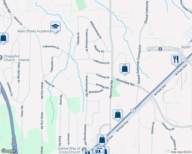map of restaurants, bars, coffee shops, grocery stores, and more near 2640 Colonial Drive in College Park