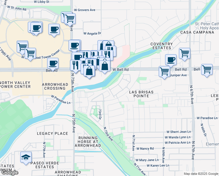 map of restaurants, bars, coffee shops, grocery stores, and more near 7100 West Grandview Road in Peoria