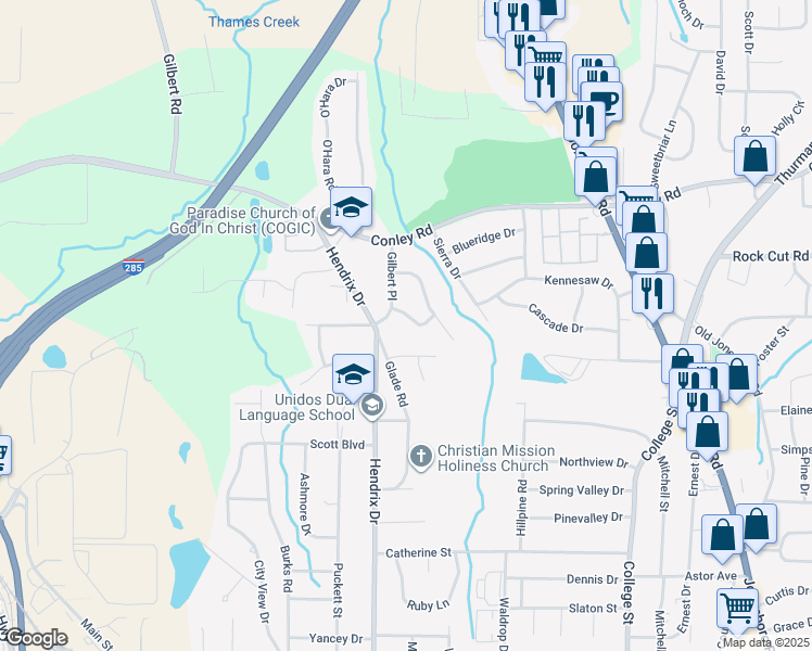map of restaurants, bars, coffee shops, grocery stores, and more near 637 Brookside Place in Forest Park