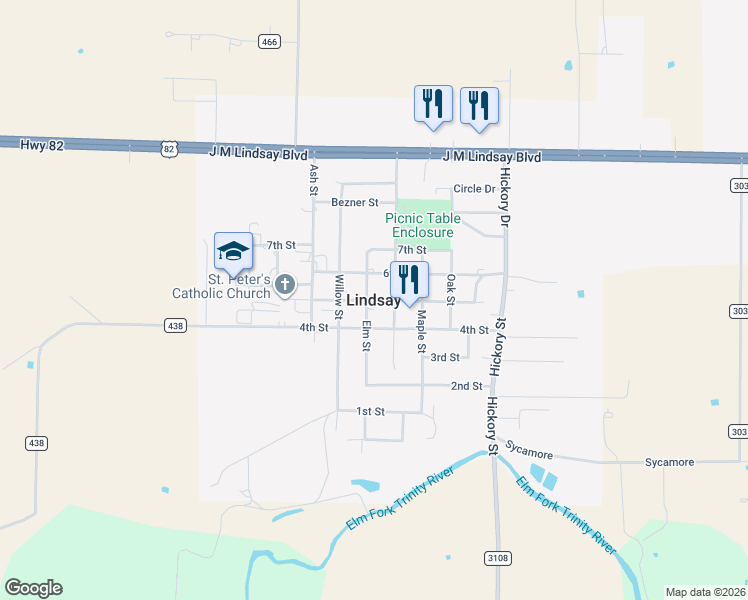 map of restaurants, bars, coffee shops, grocery stores, and more near in Lindsay