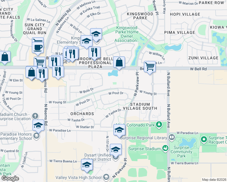 map of restaurants, bars, coffee shops, grocery stores, and more near 15046 West Post Drive in Surprise