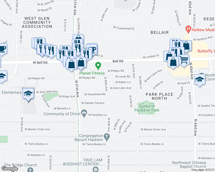 map of restaurants, bars, coffee shops, grocery stores, and more near 16601 North 49th Avenue in Glendale