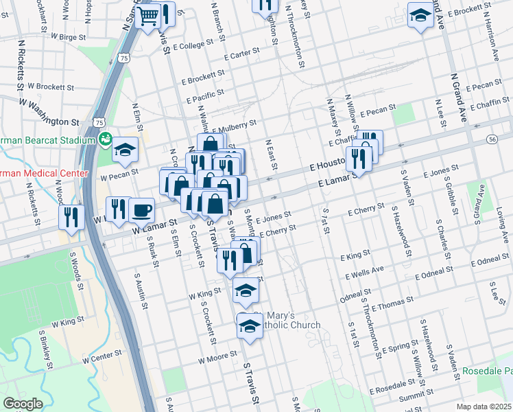 map of restaurants, bars, coffee shops, grocery stores, and more near 312 West Lamar Street in Sherman