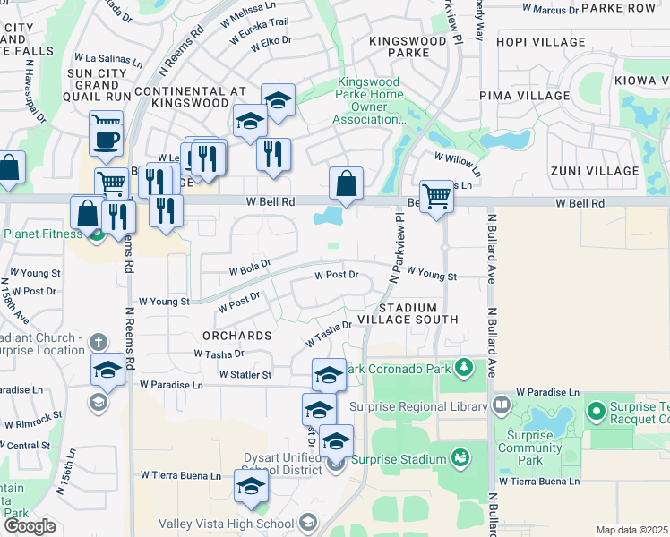 map of restaurants, bars, coffee shops, grocery stores, and more near 15046 West Post Drive in Surprise