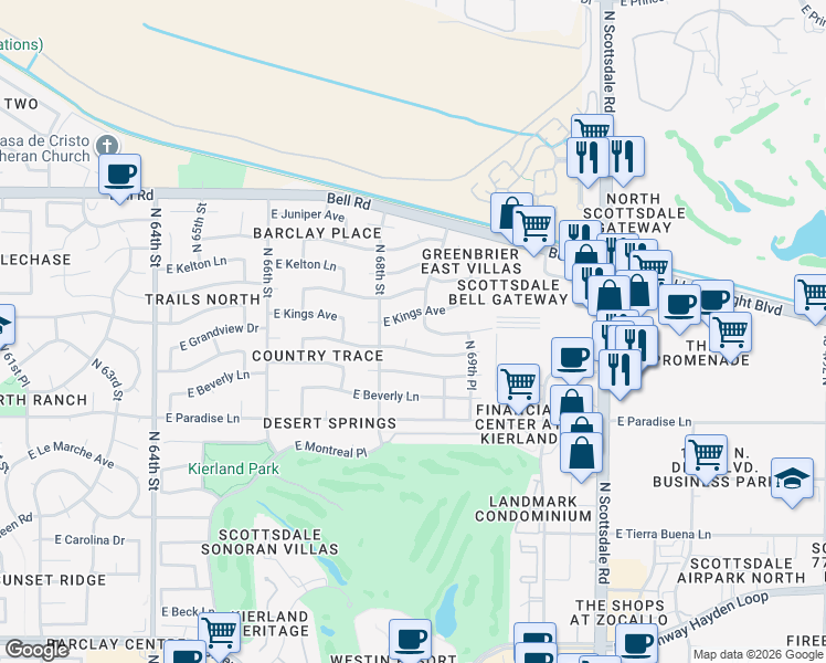 map of restaurants, bars, coffee shops, grocery stores, and more near 16441 North 68th Place in Scottsdale