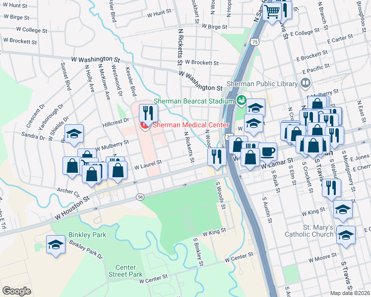 map of restaurants, bars, coffee shops, grocery stores, and more near 913 West Laurel Street in Sherman