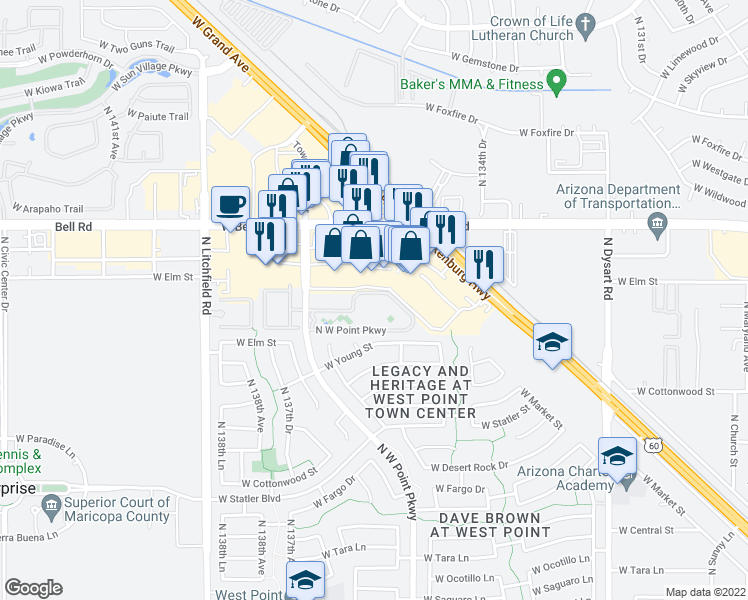 map of restaurants, bars, coffee shops, grocery stores, and more near 16617 North West Point Parkway in Surprise