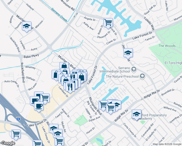 map of restaurants, bars, coffee shops, grocery stores, and more near 24001 Muirlands Boulevard in Lake Forest
