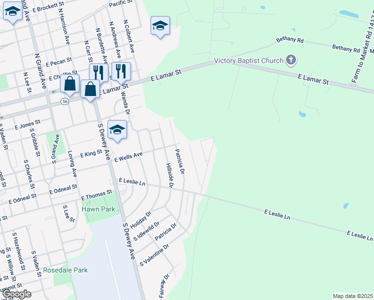 map of restaurants, bars, coffee shops, grocery stores, and more near 710 South Valentine Drive in Sherman