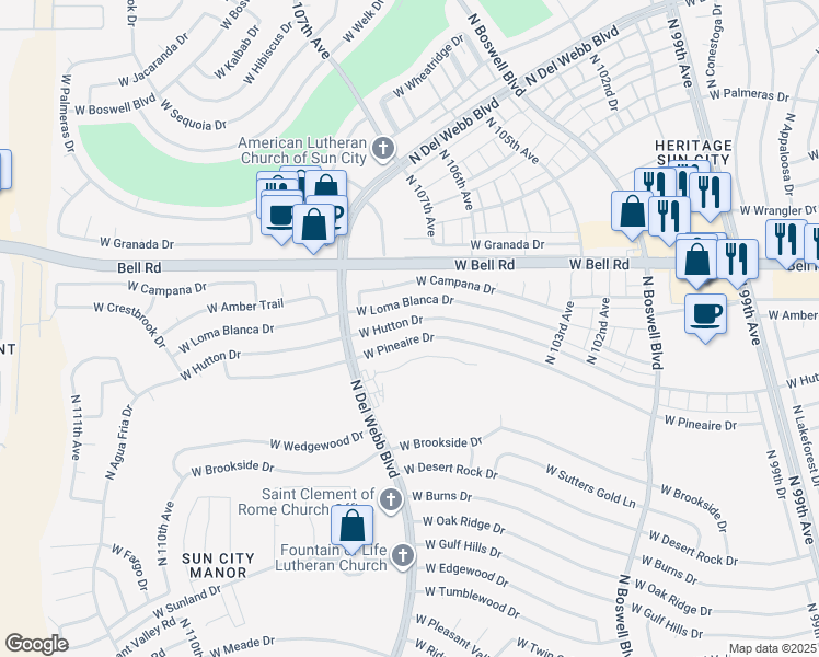 map of restaurants, bars, coffee shops, grocery stores, and more near 10557 West Hutton Drive in Sun City