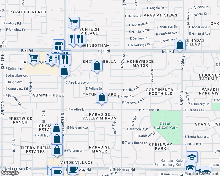 map of restaurants, bars, coffee shops, grocery stores, and more near 5108 East Fellars Drive in Scottsdale