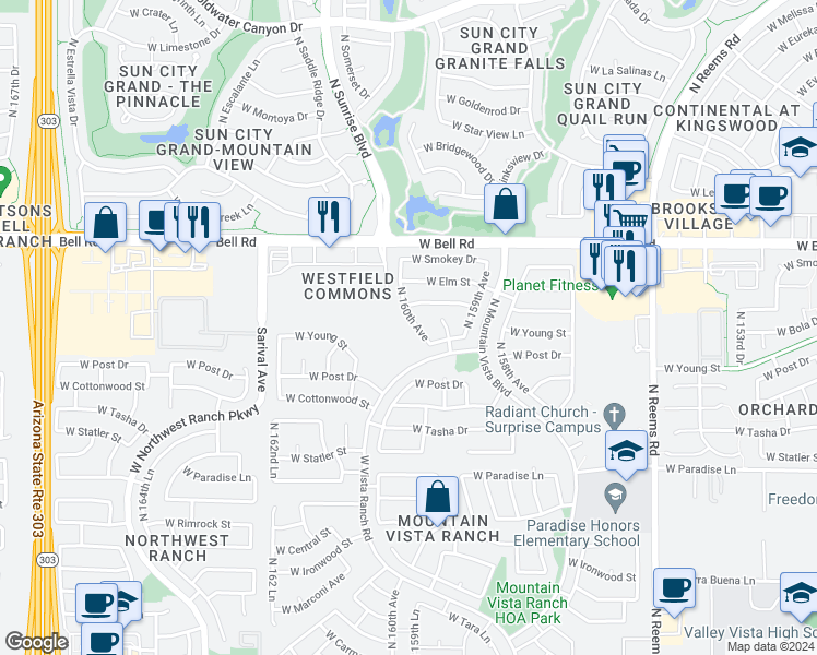 map of restaurants, bars, coffee shops, grocery stores, and more near 16724 North 160th Avenue in Surprise