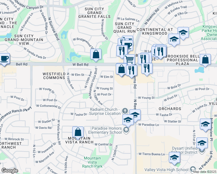 map of restaurants, bars, coffee shops, grocery stores, and more near 15718 West Young Street in Surprise