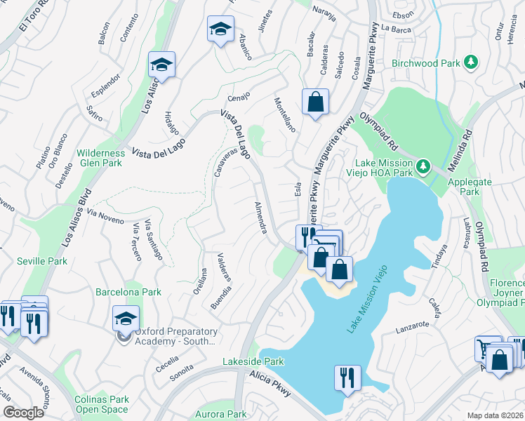 map of restaurants, bars, coffee shops, grocery stores, and more near 22502 Almaden in Mission Viejo