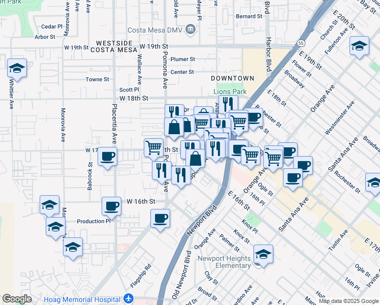 map of restaurants, bars, coffee shops, grocery stores, and more near 649 West 17th Street in Costa Mesa