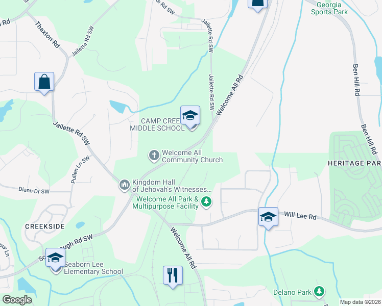 map of restaurants, bars, coffee shops, grocery stores, and more near 4370 Welcome All Road in College Park