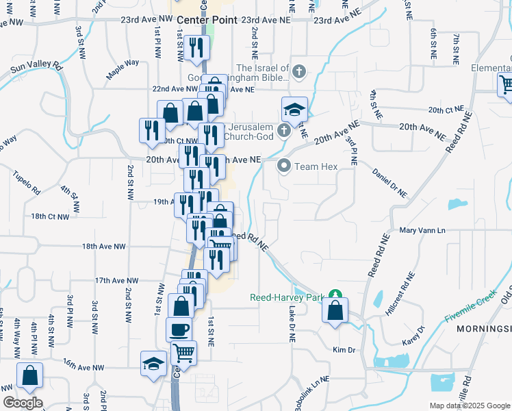 map of restaurants, bars, coffee shops, grocery stores, and more near 1825 Martinique Drive in Center Point