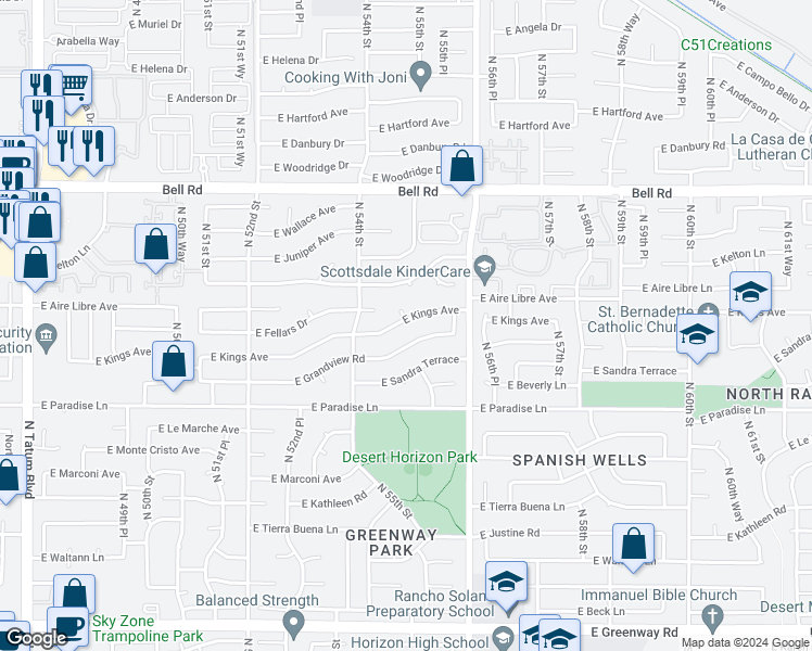 map of restaurants, bars, coffee shops, grocery stores, and more near 5449 East Kings Avenue in Scottsdale