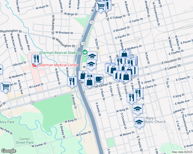 map of restaurants, bars, coffee shops, grocery stores, and more near 104 North Rusk Street in Sherman